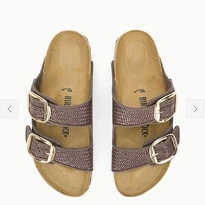 Staud Birkenstock Brown Woven Double-Strap Sandals with Gold Buckles